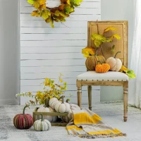 Set of 2 Fabric Weighted Pumpkin Ornaments, for Holiday Harvest, Fall Festival, and Thanksgiving Decor, 7" L x 7" W x 8" H, Beige(m-6)