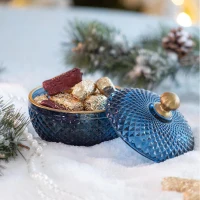 Set of 2 Vintage-Inspired Glass Candy Jars with Lids, Diamond-Cut Texture, Ideal for Candy, Jewelry, and Trinkets, 5" L x 5" W x 5" H, Blue+Gold(m-6)