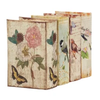 Set of 4 Decorative Book Boxes with Birds, Flowers, and Handwriting Design, 4" L x 2" W x 5.5" H, Multicolor(m-13)