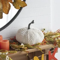 Set of 2 Chenille Weighted Pumpkin Ornaments, Holiday Harvest Festival Decor, 9" L x 8.5" W x 7" H, White(m-1)
