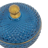 Set of 2 Vintage-Inspired Glass Candy Jars with Lids, Diamond-Cut Texture, Ideal for Candy, Jewelry, and Trinkets, 5" L x 5" W x 5" H, Blue+Gold(m-11)