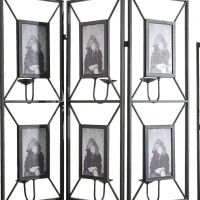 3-Panel Room Divider with Photo Frames, Antique Mirror, Candle Stick, Decorative Screen for Any Space, 47" L x 1" W x 71" H, Black(m-8)