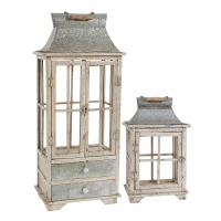 Set of 2 Decorative Hurricane Lantern Candle Holders, One with Lower Drawers, Wood and Glass Construction, for Home Garden Wedding Decor, Ivory(m-2)