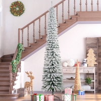 HOMCOM 9ft Snow-Flocked Artificial Christmas Tree, Slim Pencil Xmas Tree with 714 Realistic Branches, Metal Base, Green