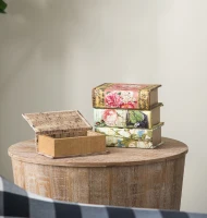 Set of 4 Decorative Book Boxes with Birds, Flowers, and Handwriting Design, 4" L x 2" W x 5.5" H, Multicolor(m-1)