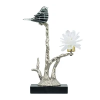 Aluminum Candle Holder with Marble Stand, Nature-Inspired Bird Figurine on Silver Branch, 8" L x 5" W x 15" H, Multicolor(m-2)