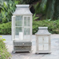 Set of 2 Decorative Hurricane Lantern Candle Holders, One with Lower Drawers, Wood and Glass Construction, for Home Garden Wedding Decor, Ivory(m-1)