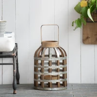 Decorative Industrial Lantern with Wooden and Metal Cage Design, Lantern with Handle for Indoor and Outdoor, 9.5" L x 9.5" W x 18" H, Silver(m-1)