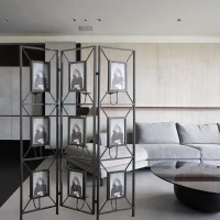 3-Panel Room Divider with Photo Frames, Antique Mirror, Candle Stick, Decorative Screen for Any Space, 47" L x 1" W x 71" H, Black(m-1)