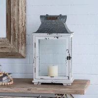Set of 2 Decorative Hurricane Lantern Holder with Wood and Glass Construction, Candle Lantern Set for Home Garden Wedding Decor, White(m-11)