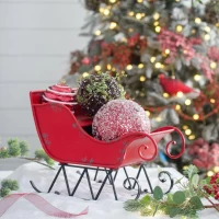 Iron Santa Sleigh Tabletop Decoration, Distressed Christmas Holiday Decor, 14.5" L x 10" W x 11" H, Red+Black(m-4)