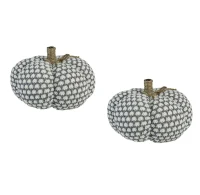 Set of 2 Knitted Pumpkin Ornaments with Farmhouse-Inspired Design, Fall and Thanksgiving Decor, 8" L x 8" W x 6.5" H, White+Gray(m-2)