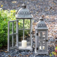 Set of 2 Decorative Hurricane Lantern Holder with Wood and Glass Construction, Candle Lantern Set for Home Garden Wedding Decor, Gray(m-6)