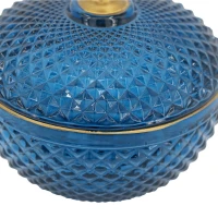 Set of 2 Vintage-Inspired Glass Candy Jars with Lids, Diamond-Cut Texture, Ideal for Candy, Jewelry, and Trinkets, 5" L x 5" W x 5" H, Blue+Gold(m-12)