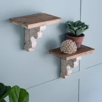 Distressed Wooden Wall Shelf with Corbel Design, Decorative Storage for Home, 14" L x 9" W x 11.5" H, Brown+Antique White(m-6)