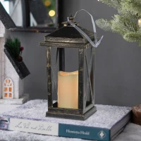 Set of 2 Menifee Lanterns with LED Candle, Lightweight Plastic Construction, Battery Operated, 5" L x 5" W x 11" H, Antique Black(m-4)