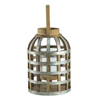 Decorative Industrial Lantern with Wooden and Metal Cage Design, Lantern with Handle for Indoor and Outdoor, 9.5" L x 9.5" W x 18" H, Silver(m-13)