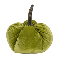 Set of 2 Velvet Weighted Pumpkin Ornaments with Resin Stem, for Holiday Harvest and Thanksgiving Decor, 8.5" L x 8.5" W x 10" H, Green(m-11)