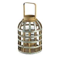 Decorative Industrial Lantern with Wooden and Metal Cage Design, Lantern with Handle for Indoor and Outdoor, 9.5" L x 9.5" W x 18" H, Silver(m-12)