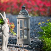 Set of 2 Decorative Hurricane Lantern Holder with Wood and Glass Construction, Candle Lantern Set for Home Garden Wedding Decor, Gray(m-11)