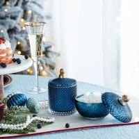 Set of 2 Vintage-Inspired Glass Candy Jars with Lids, Diamond-Cut Texture, Ideal for Candy, Jewelry, and Trinkets, 5" L x 5" W x 5" H, Blue+Gold(m-8)