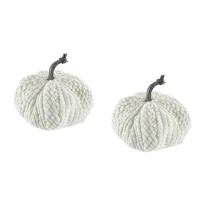 Set of 2 Chenille Weighted Pumpkin Ornaments, Holiday Harvest Festival Decor, 9" L x 8.5" W x 7" H, White(m-2)