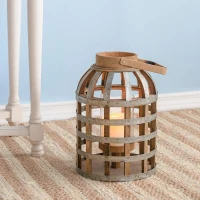 Decorative Industrial Lantern with Wooden and Metal Cage Design, Lantern with Handle for Indoor and Outdoor, 9.5" L x 9.5" W x 18" H, Silver(m-5)