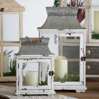 Set of 2 Decorative Hurricane Lantern Holder with Wood and Glass Construction, Candle Lantern Set for Home Garden Wedding Decor, White(m-1)