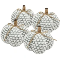 Set of 4 Farmhouse-Inspired Knitted Pumpkin Ornaments, Fall and Thanksgiving Decor, 6" L x 6" W x 5" H, Gray(m-2)