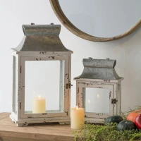 Set of 2 Decorative Hurricane Lantern Holder with Wood and Glass Construction, Candle Lantern Set for Home Garden Wedding Decor, White(m-4)