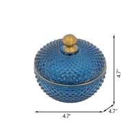 Set of 2 Vintage-Inspired Glass Candy Jars with Lids, Diamond-Cut Texture, Ideal for Candy, Jewelry, and Trinkets, 5" L x 5" W x 5" H, Blue+Gold(m-3)