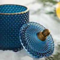 Set of 2 Vintage-Inspired Design Glass Candy Jars with Lids, Ideal for Candy, Jewelry, and Trinkets, 3.5" L x 3.5" W x 6" H Each, Blue+Gold(m-8)