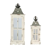 Set of 2 Decorative Hurricane Lantern Holder with Wood and Glass Construction, Candle Lantern Set for Home Garden Wedding Decor, Ivory(m-2)