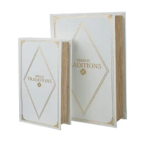Set of 2 Decorative Book Boxes with Hidden Storage, Faux Leather Cover, Vintage Style for Home, Office, White+Gold(m-9)