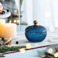 Set of 2 Vintage-Inspired Glass Candy Jars with Lids, Diamond-Cut Texture, Ideal for Candy, Jewelry, and Trinkets, 5" L x 5" W x 5" H, Blue+Gold(m-1)