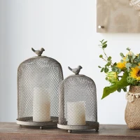 Set of 2 Iron Mesh Candle Holders with Bird Design, Versatile Home Decor for Shelves and Tables, Antique Gray(m-1)