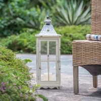 Set of 2 Decorative Hurricane Lantern Holder with Wood and Glass Construction, Candle Lantern Set for Home Garden Wedding Decor, Ivory(m-10)