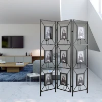 3-Panel Room Divider with Photo Frames, Antique Mirror, Candle Stick, Decorative Screen for Any Space, 47" L x 1" W x 71" H, Black(m-6)