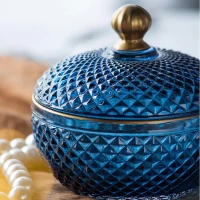 Set of 2 Vintage-Inspired Glass Candy Jars with Lids, Diamond-Cut Texture, Ideal for Candy, Jewelry, and Trinkets, 5" L x 5" W x 5" H, Blue+Gold(m-9)