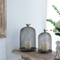 Set of 2 Iron Mesh Candle Holders with Bird Design, Versatile Home Decor for Shelves and Tables, Antique Gray(m-4)