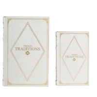Set of 2 Decorative Book Boxes with Hidden Storage, Faux Leather Cover, Vintage Style for Home, Office, White+Gold(m-2)
