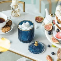 Set of 2 Vintage-Inspired Design Glass Candy Jars with Lids, Ideal for Candy, Jewelry, and Trinkets, 3.5" L x 3.5" W x 6" H Each, Blue+Gold(m-5)