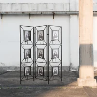 3-Panel Room Divider with Photo Frames, Antique Mirror, Candle Stick, Decorative Screen for Any Space, 47" L x 1" W x 71" H, Black(m-7)