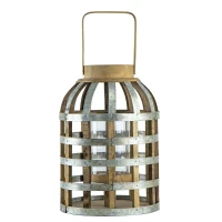 Decorative Industrial Lantern with Wooden and Metal Cage Design, Lantern with Handle for Indoor and Outdoor, 9.5" L x 9.5" W x 18" H, Silver(m-2)