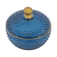 Set of 2 Vintage-Inspired Glass Candy Jars with Lids, Diamond-Cut Texture, Ideal for Candy, Jewelry, and Trinkets, 5" L x 5" W x 5" H, Blue+Gold(m-14)