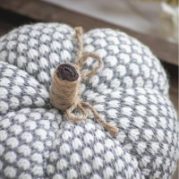 Set of 2 Knitted Pumpkin Ornaments with Farmhouse-Inspired Design, Fall and Thanksgiving Decor, 8" L x 8" W x 6.5" H, White+Gray(m-6)