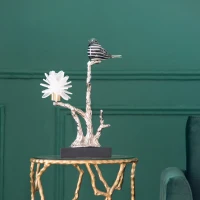 Aluminum Candle Holder with Marble Stand, Nature-Inspired Bird Figurine on Silver Branch, 8" L x 5" W x 15" H, Multicolor(m-1)