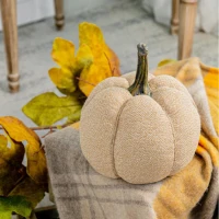 Set of 2 Fabric Weighted Pumpkin Ornaments, for Holiday Harvest, Fall Festival, and Thanksgiving Decor, 7" L x 7" W x 8" H, Beige(m-1)