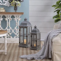 Set of 2 Decorative Hurricane Lantern Holder with Wood and Glass Construction, Candle Lantern Set for Home Garden Wedding Decor, Gray(m-4)