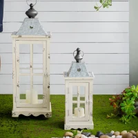 Set of 2 Decorative Hurricane Lantern Holder with Wood and Glass Construction, Candle Lantern Set for Home Garden Wedding Decor, Ivory(m-5)